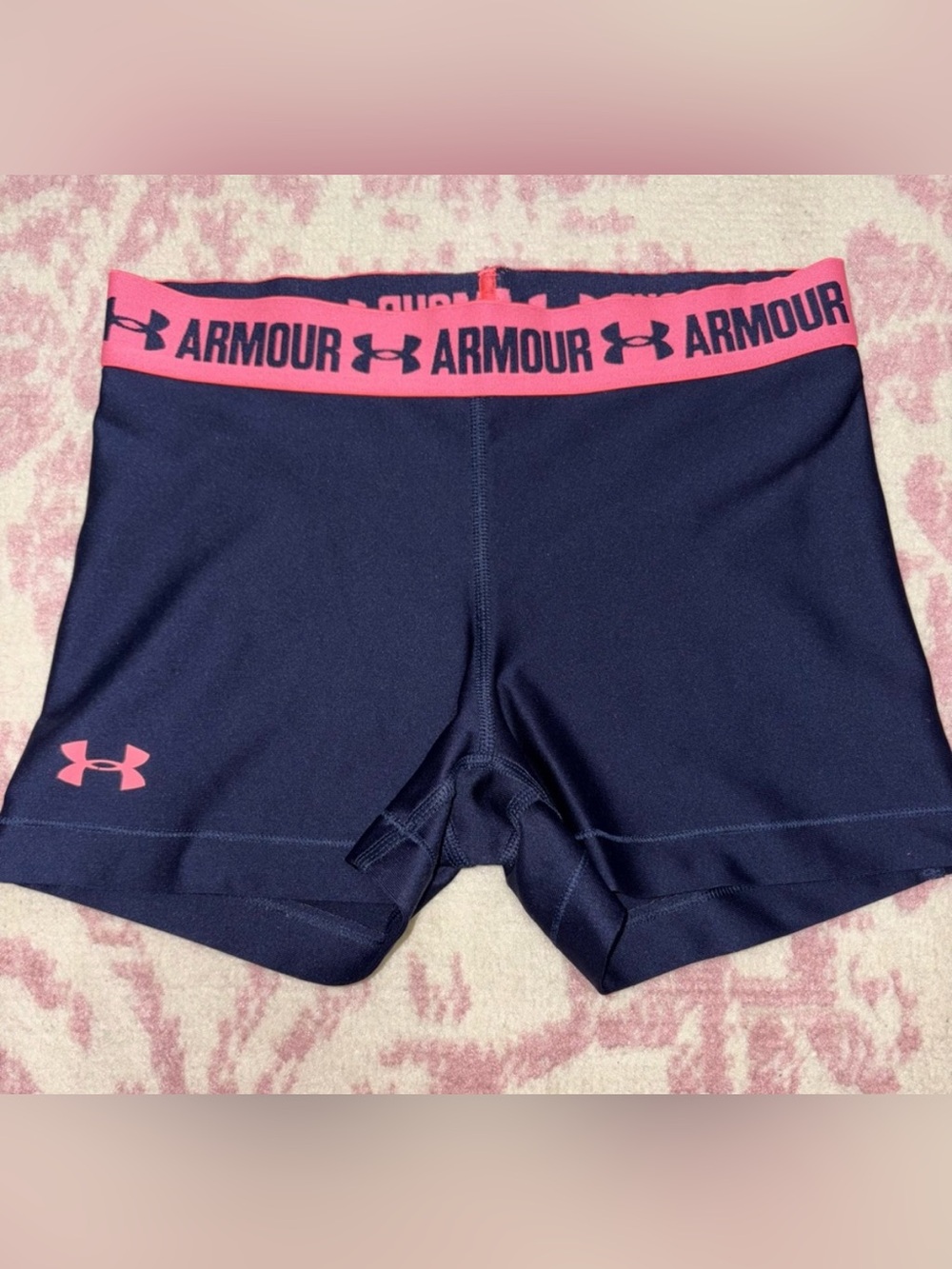 Under Armour Navy Spandex Shorts with Pink Branded Waistband